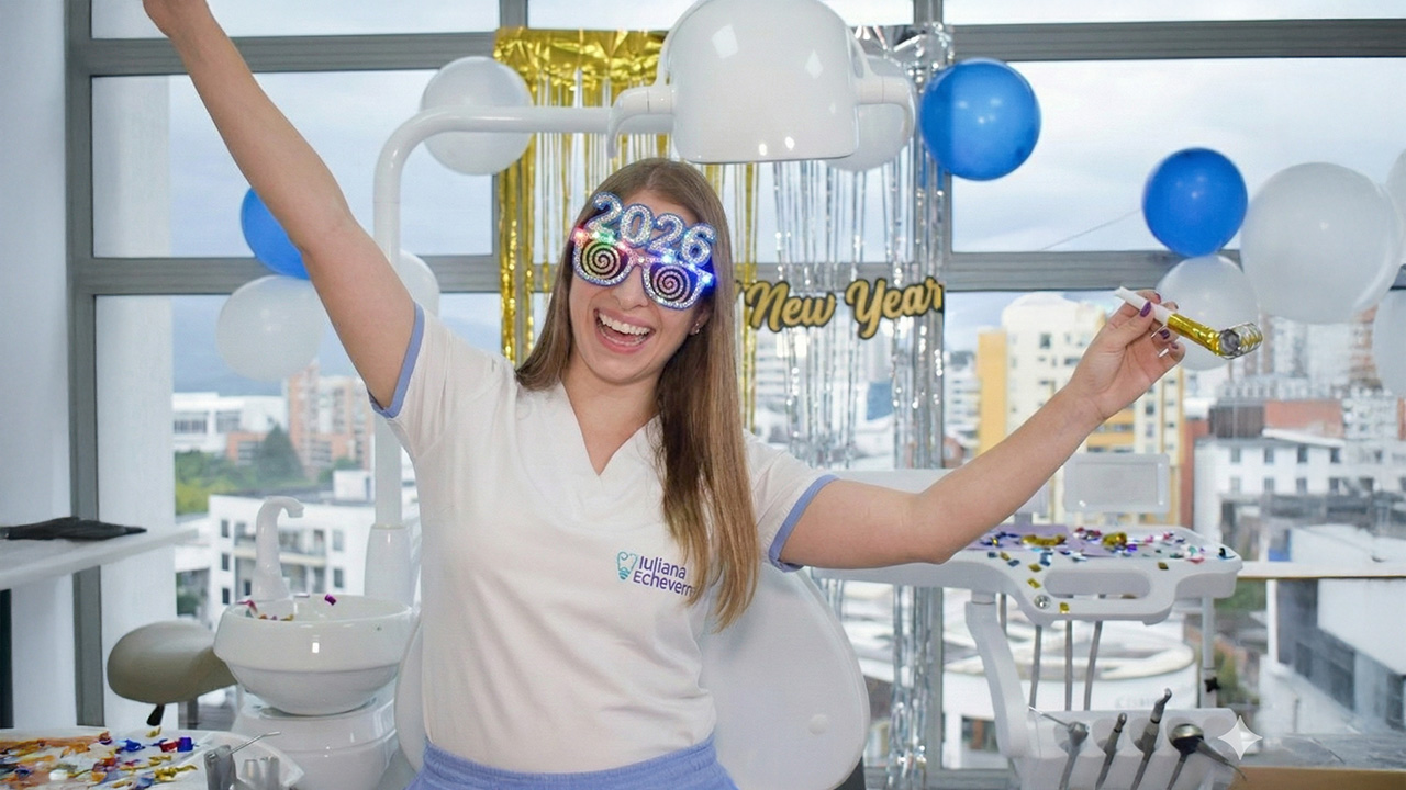 The photo shows one of the clinic's dentists, Dr. Juliana Echeverri, celebrating the arrival of 2026 in her dental office.