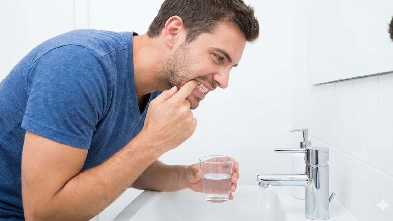 Person in the bathroom with a glass of water in their mouth touching their teeth with a finger