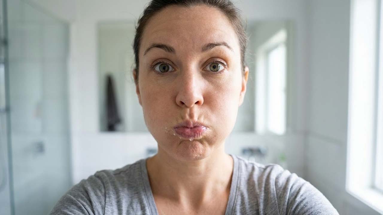 A woman looking at the camera while rinsing her mouth