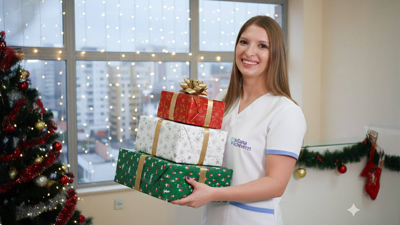 Una odontóloga sosteniendo 3 regalos en su consultorio decorado para Navidad